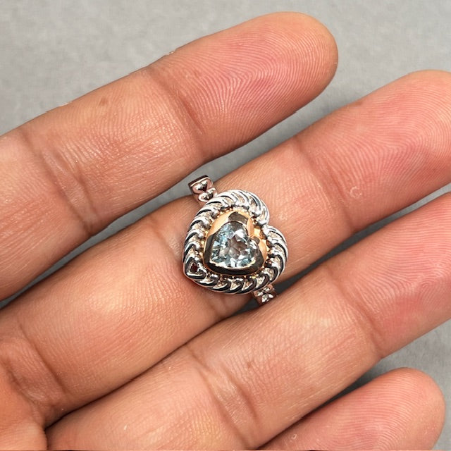 1.00 Ct Heart Aquamarine Ring Silver & Pink Gold Size 7 | 7mm AA Aquamarine Solitaire Two Tone Engagement Ring for Women