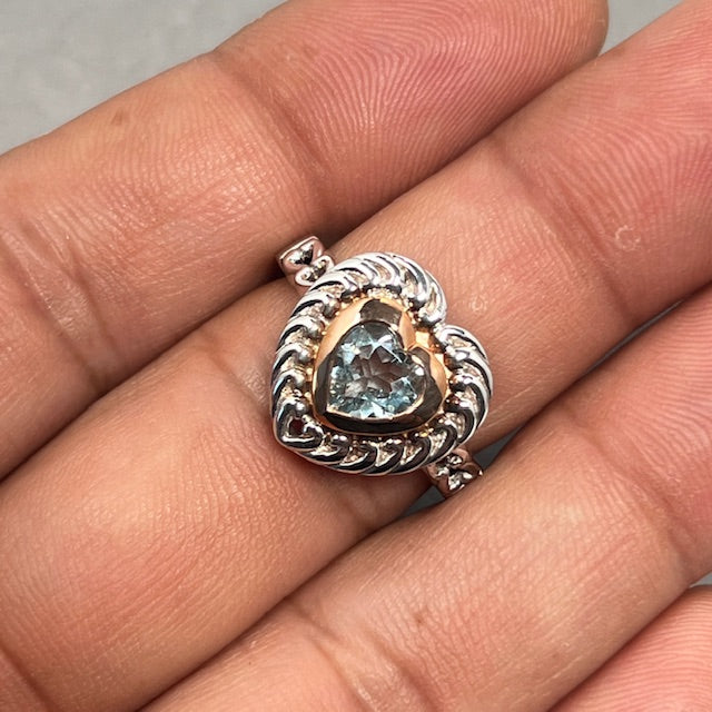 1.00 Ct Heart Aquamarine Ring Silver & Pink Gold Size 7 | 7mm AA Aquamarine Solitaire Two Tone Engagement Ring for Women