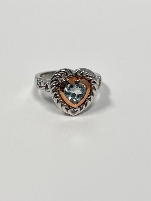 1.00 Ct Heart Aquamarine Ring Silver & Pink Gold Size 7 | 7mm AA Aquamarine Solitaire Two Tone Engagement Ring for Women