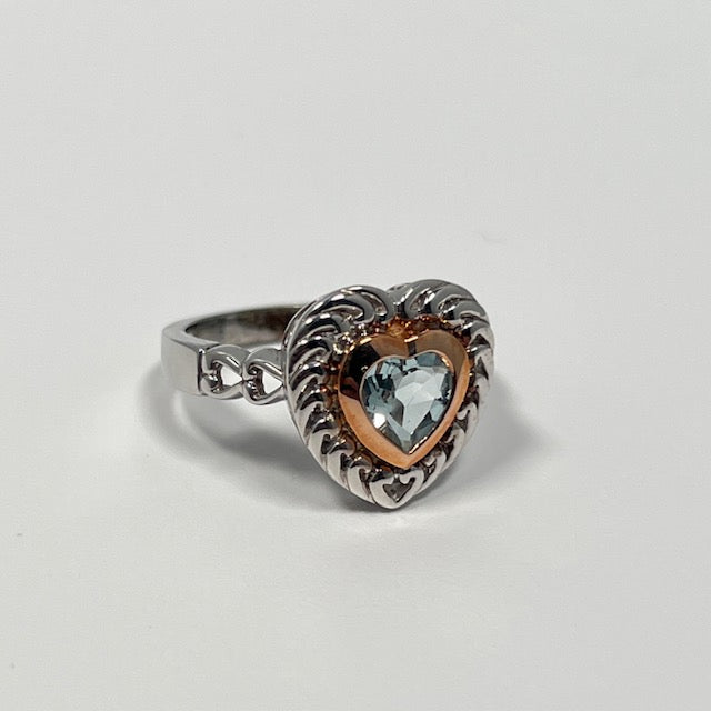 1.00 Ct Heart Aquamarine Ring Silver & Pink Gold Size 7 | 7mm AA Aquamarine Solitaire Two Tone Engagement Ring for Women