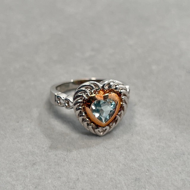 1.00 Ct Heart Aquamarine Ring Silver & Pink Gold Size 7 | 7mm AA Aquamarine Solitaire Two Tone Engagement Ring for Women