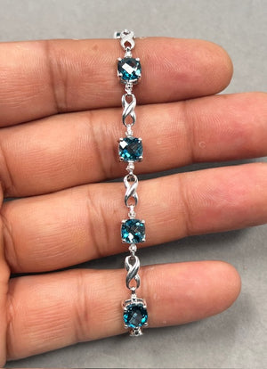0.01 Ct Diamond & 7.12 Ct London Blue Topaz Bracelet – Cushion Cut Checkered Gemstones in 14K White Gold, 7 Inch Fine Jewelry