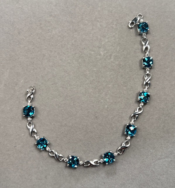 0.01 Ct Diamond & 7.12 Ct London Blue Topaz Bracelet – Cushion Cut Checkered Gemstones in 14K White Gold, 7 Inch Fine Jewelry