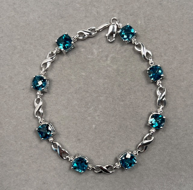 0.01 Ct Diamond & 7.12 Ct London Blue Topaz Bracelet – Cushion Cut Checkered Gemstones in 14K White Gold, 7 Inch Fine Jewelry