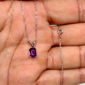 Emerald Cut Amethyst Pendant 0.65 Ct AAA Quality in 14K White Gold with 18 Inch Chain | Amethyst Solitaire Necklace Gift for Her