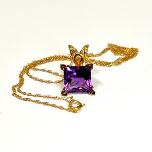 2.10 Ct Princess Cut Amethyst Pendant in 14K Yellow Gold – AAA Solitaire Amethyst Scroll Necklace with 18 Inch Chain – Gift for Her