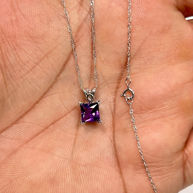 0.65-1.10 Ct Princess Cut Amethyst Pendant in 14K White Gold – AAA Solitaire Scroll Necklace with 18 Inch Chain, February Birthstone Jewelry