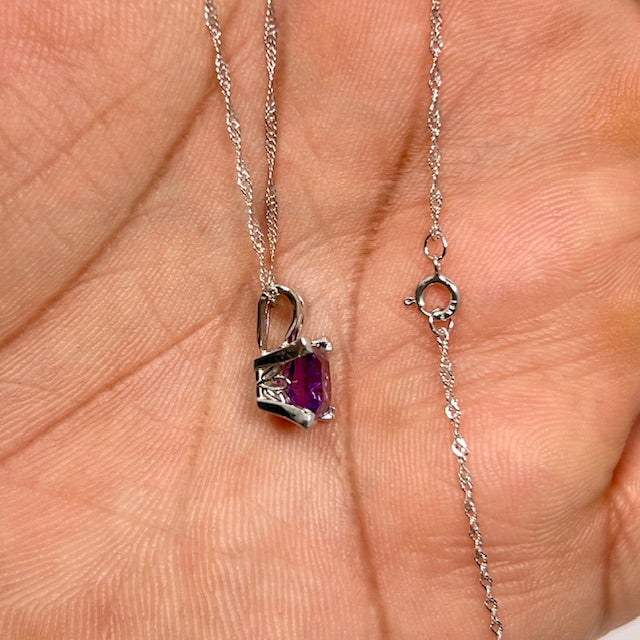 0.65-1.10 Ct Princess Cut Amethyst Pendant in 14K White Gold – AAA Solitaire Scroll Necklace with 18 Inch Chain, February Birthstone Jewelry