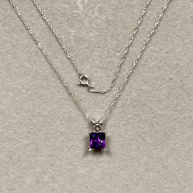 0.65-1.10 Ct Princess Cut Amethyst Pendant in 14K White Gold – AAA Solitaire Scroll Necklace with 18 Inch Chain, February Birthstone Jewelry