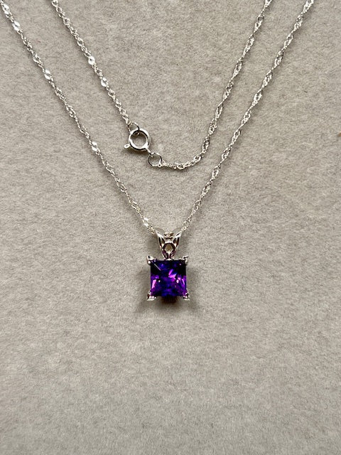 0.65-1.10 Ct Princess Cut Amethyst Pendant in 14K White Gold – AAA Solitaire Scroll Necklace with 18 Inch Chain, February Birthstone Jewelry