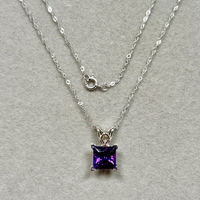 1.40-1.75 Ct Princess Cut Amethyst Pendant Necklace in 14K White Gold – AAA Solitaire February Birthstone Scroll Pendant with 18