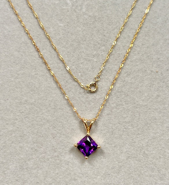 1.40-1.75 Ct Amethyst Pendant 7mm AAA Princess Cut Solitaire in 14K Yellow Gold with 18 Inch Singapore Chain – February Birthstone Jewelry