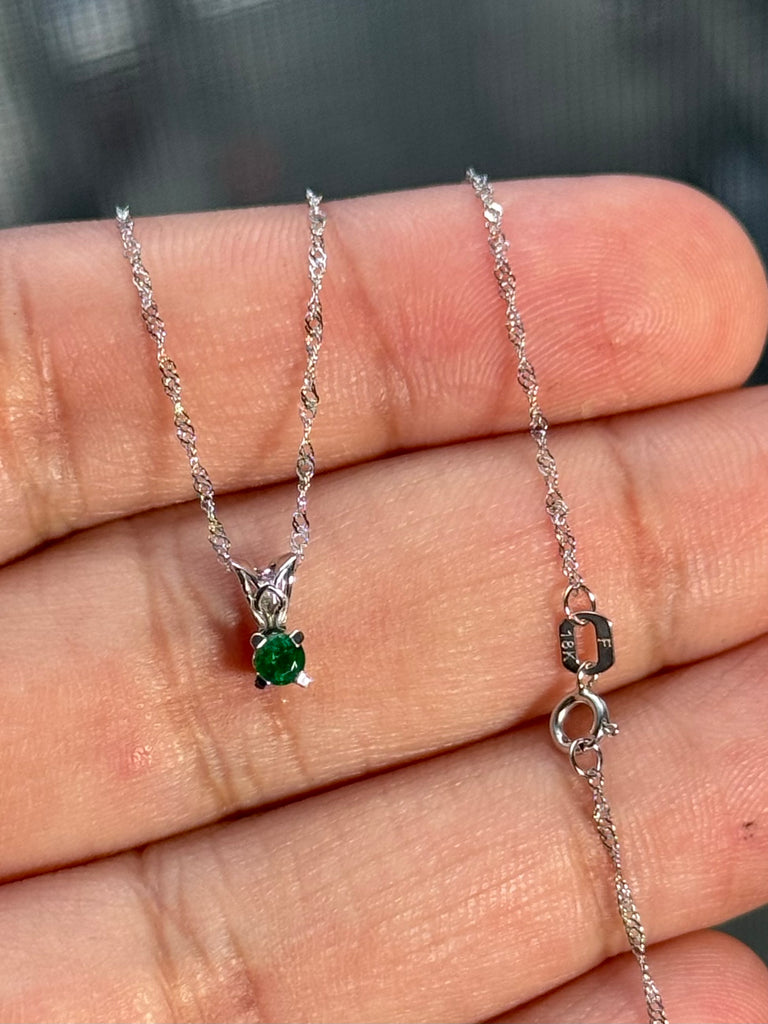 3mm Natural Emerald Pendant in Platinum – AA Quality Round Scroll Solitaire – 18K White Gold Chain – May Birthstone Gift