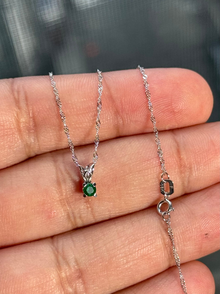 3mm Natural Emerald Pendant in Platinum – AA Quality Round Scroll Solitaire – 18K White Gold Chain – May Birthstone Gift