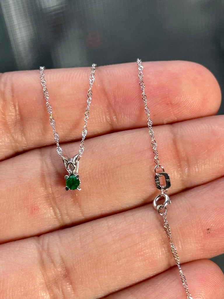 3mm Natural Emerald Pendant in Platinum – AA Quality Round Scroll Solitaire – 18K White Gold Chain – May Birthstone Gift