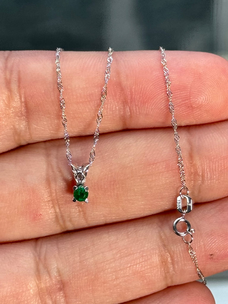 3mm Natural Emerald Pendant in Platinum – AA Quality Round Scroll Solitaire – 18K White Gold Chain – May Birthstone Gift