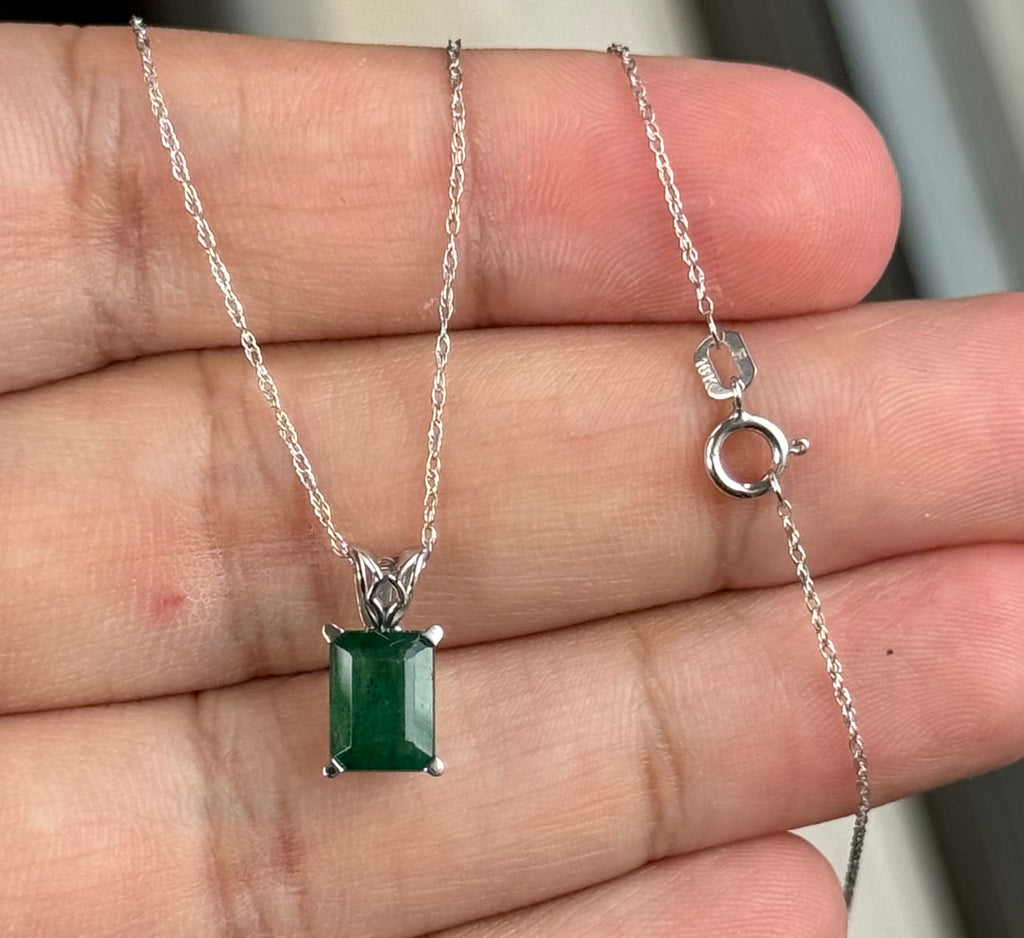8x6mm Natural Emerald Pendant 1.10-1.93 Ct – AA Emerald Cut Solitaire Necklace in Platinum with 18K White Gold Chain