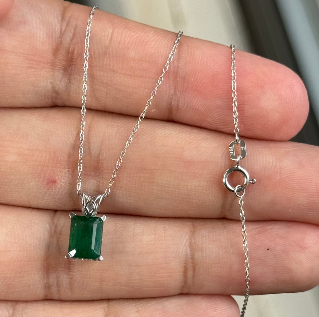8x6mm Natural Emerald Pendant 1.10-1.93 Ct – AA Emerald Cut Solitaire Necklace in Platinum with 18K White Gold Chain