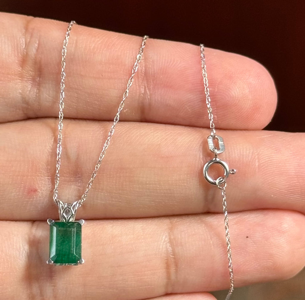 8x6mm Natural Emerald Pendant 1.10-1.93 Ct – AA Emerald Cut Solitaire Necklace in Platinum with 18K White Gold Chain