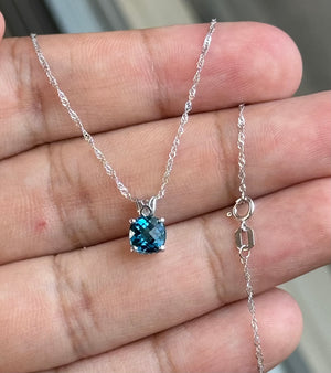 London Blue Topaz Pendant Necklace: 18K White Gold Solitaire, December Birthstone