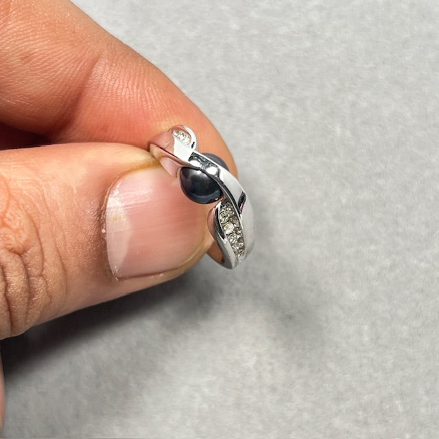 0.14 Cts Diamond & 7mm Cultured Pearl Ring in 14K White Gold | Elegant June Birthstone Ring, Minimalist Pearl Diamond Ring for Women size 6.5