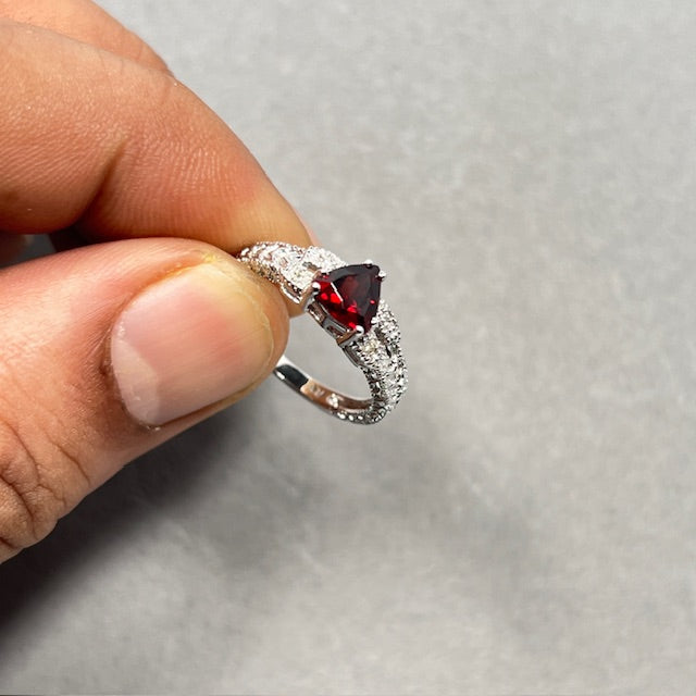 0.04 Cts Diamond & 0.93 Cts Garnet Ring in 14K White Gold | Genuine Garnet Birthstone Ring, January Birthstone, Garnet Diamond Ring Size 6.5