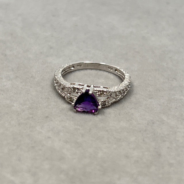 0.04 Cts Diamond & 0.67 Cts Amethyst Ring in 14K White Gold | Genuine Amethyst Birthstone Ring, February Diamond Ring for Women Size 6.5