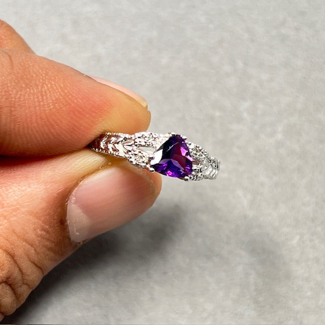 0.04 Cts Diamond & 0.67 Cts Amethyst Ring in 14K White Gold | Genuine Amethyst Birthstone Ring, February Diamond Ring for Women Size 6.5