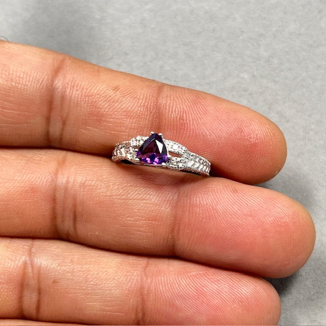 0.04 Cts Diamond & 0.67 Cts Amethyst Ring in 14K White Gold | Genuine Amethyst Birthstone Ring, February Diamond Ring for Women Size 6.5
