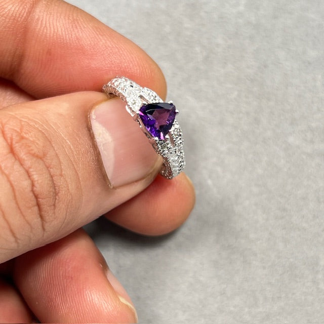 0.04 Cts Diamond & 0.67 Cts Amethyst Ring in 14K White Gold | Genuine Amethyst Birthstone Ring, February Diamond Ring for Women Size 6.5