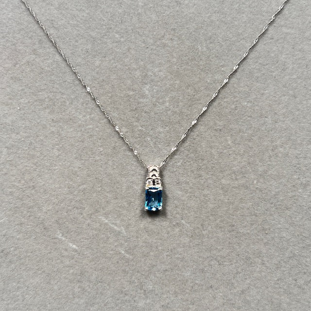 0.04 Cts Diamond & 1.21 Cts Swiss Blue Topaz Pendant in 14K White Gold | Natural Blue Topaz Necklace, December Birthstone Dainty Jewelry