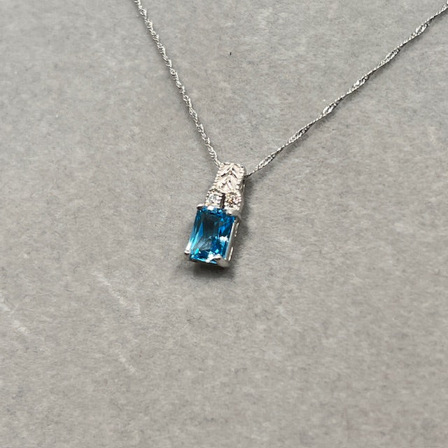 0.04 Cts Diamond & 1.21 Cts Swiss Blue Topaz Pendant in 14K White Gold | Natural Blue Topaz Necklace, December Birthstone Dainty Jewelry