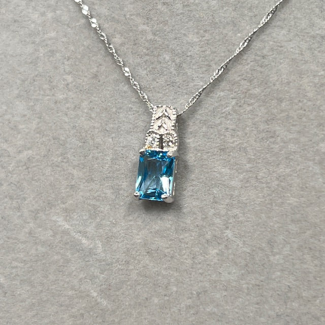 0.04 Cts Diamond & 1.21 Cts Swiss Blue Topaz Pendant in 14K White Gold | Natural Blue Topaz Necklace, December Birthstone Dainty Jewelry