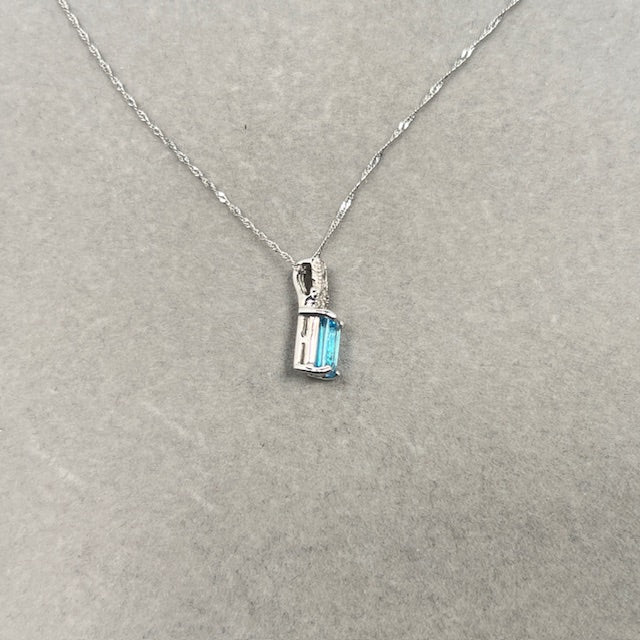 0.04 Cts Diamond & 1.21 Cts Swiss Blue Topaz Pendant in 14K White Gold | Natural Blue Topaz Necklace, December Birthstone Dainty Jewelry
