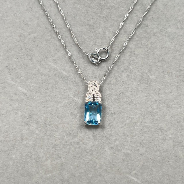 0.04 Cts Diamond & 1.21 Cts Swiss Blue Topaz Pendant in 14K White Gold | Natural Blue Topaz Necklace, December Birthstone Dainty Jewelry