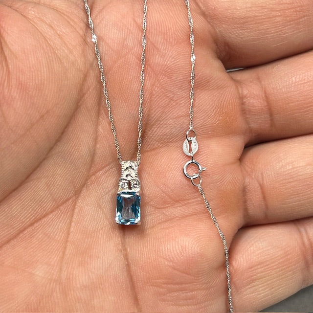 0.04 Cts Diamond & 1.21 Cts Swiss Blue Topaz Pendant in 14K White Gold | Natural Blue Topaz Necklace, December Birthstone Dainty Jewelry