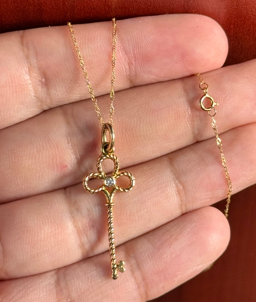 0.01-0.02 Ct Diamond Clover Key Pendant in 14K Yellow Gold – SI2-I1 Clarity, I-J Color, Dainty Lucky Charm Necklace, Gift for Her