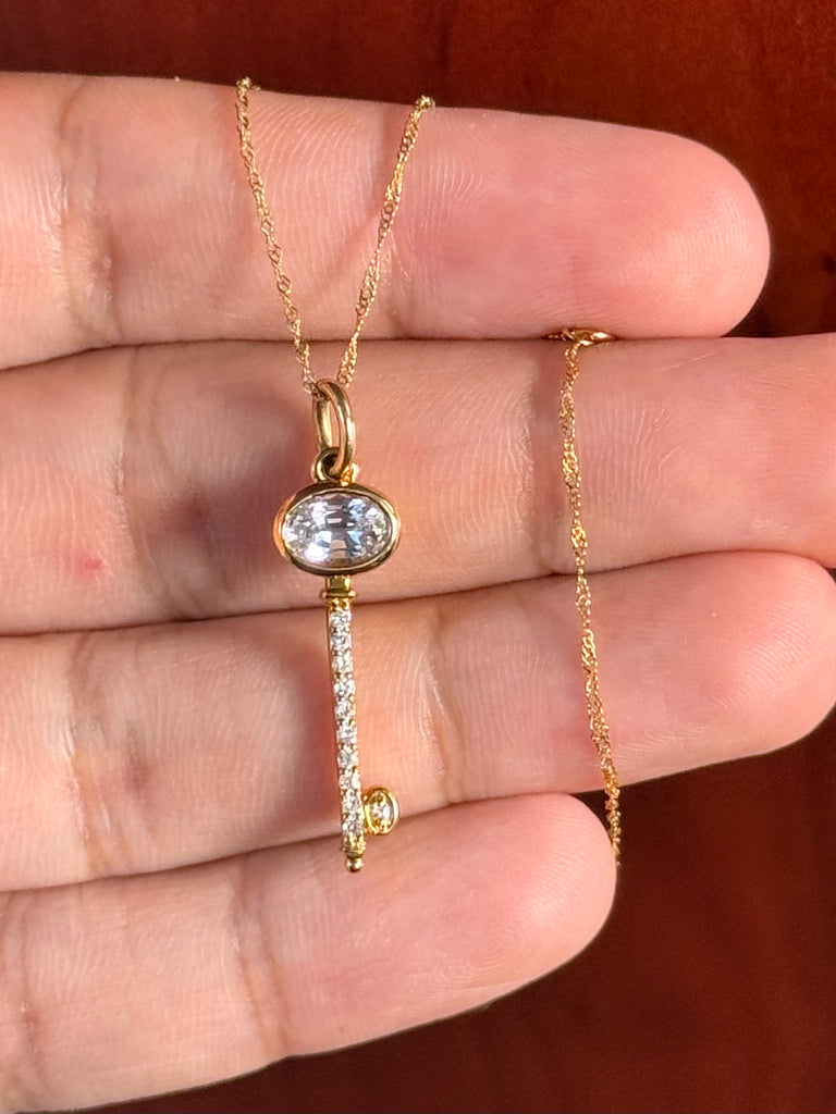 0.11 Ct Diamond & 0.95 Ct White Sapphire Key Pendant in 14K Yellow Gold – Solitaire Sapphire Necklace, Dainty Diamond Jewelry, Gift for Her