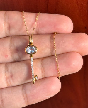 0.11 Ct Diamond & 0.95 Ct White Sapphire Key Pendant in 14K Yellow Gold – Solitaire Sapphire Necklace, Dainty Diamond Jewelry, Gift for Her