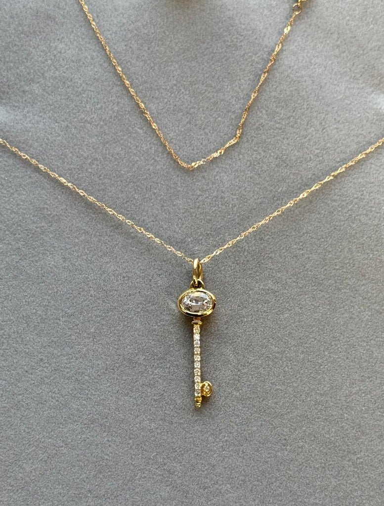 0.11 Ct Diamond & 0.95 Ct White Sapphire Key Pendant in 14K Yellow Gold – Solitaire Sapphire Necklace, Dainty Diamond Jewelry, Gift for Her