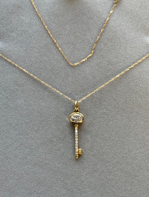 0.11 Ct Diamond & 0.95 Ct White Sapphire Key Pendant in 14K Yellow Gold – Solitaire Sapphire Necklace, Dainty Diamond Jewelry, Gift for Her