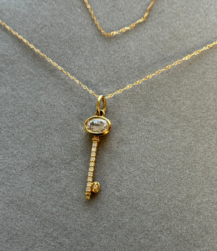 0.11 Ct Diamond & 0.95 Ct White Sapphire Key Pendant in 14K Yellow Gold – Solitaire Sapphire Necklace, Dainty Diamond Jewelry, Gift for Her
