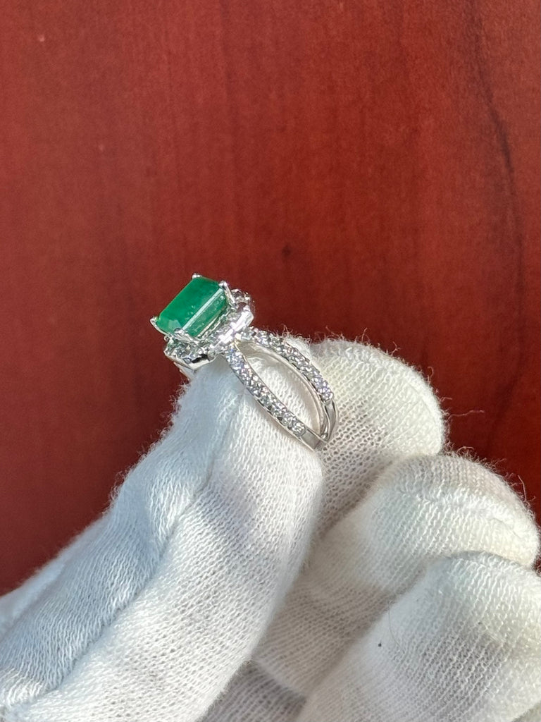 Emerald-Cut Emerald & Diamond 14K White Gold Ring - Size 7.5