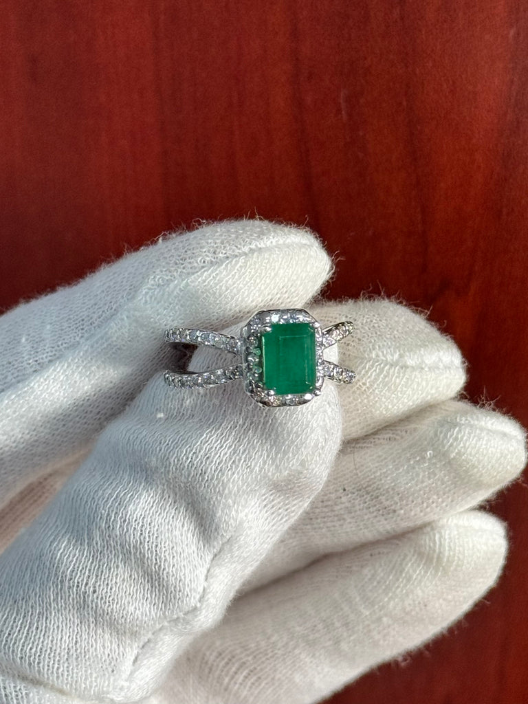 Emerald-Cut Emerald & Diamond 14K White Gold Ring - Size 7.5