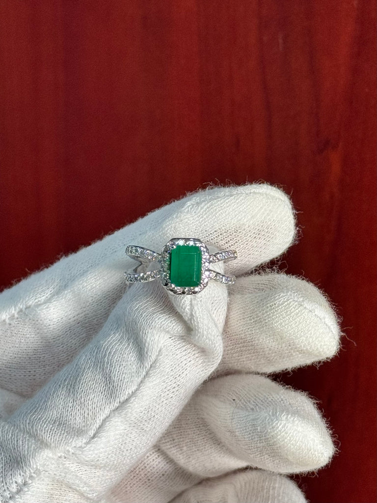 Emerald-Cut Emerald & Diamond 14K White Gold Ring - Size 7.5