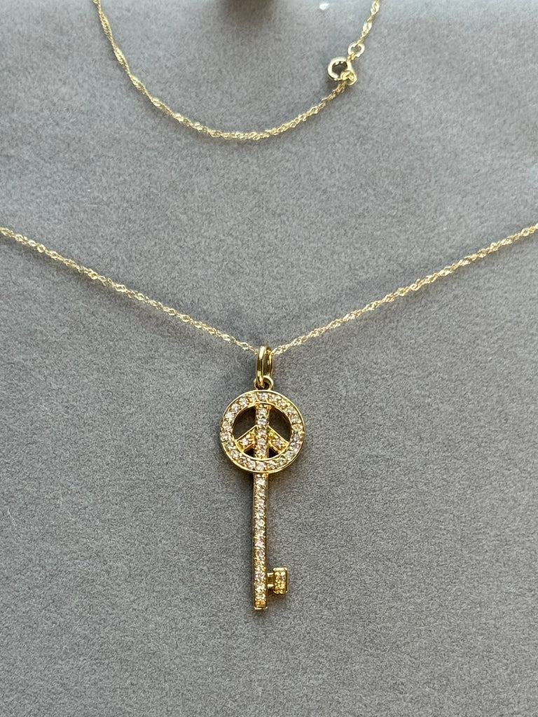 14K Yellow Gold Diamond Peace Key Pendant Necklace