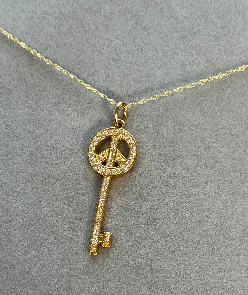 14K Yellow Gold Diamond Peace Key Pendant Necklace
