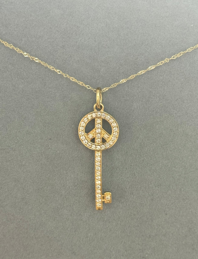 14K Yellow Gold Diamond Peace Key Pendant Necklace