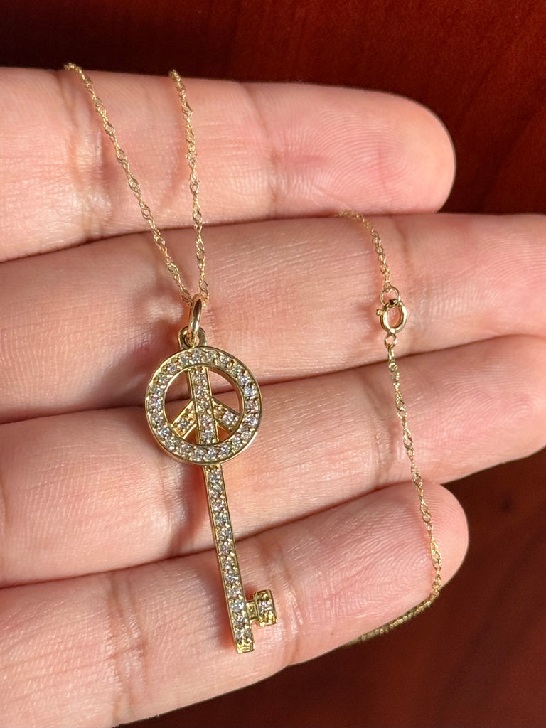 14K Yellow Gold Diamond Peace Key Pendant Necklace