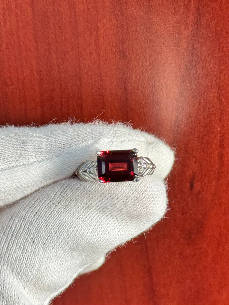 Emerald Cut Garnet and Diamond Ring in Silver – 4.05 Ct Garnet with 0.04 Ct Diamond Accent | January Birthstone Engagement, Cocktail Ring